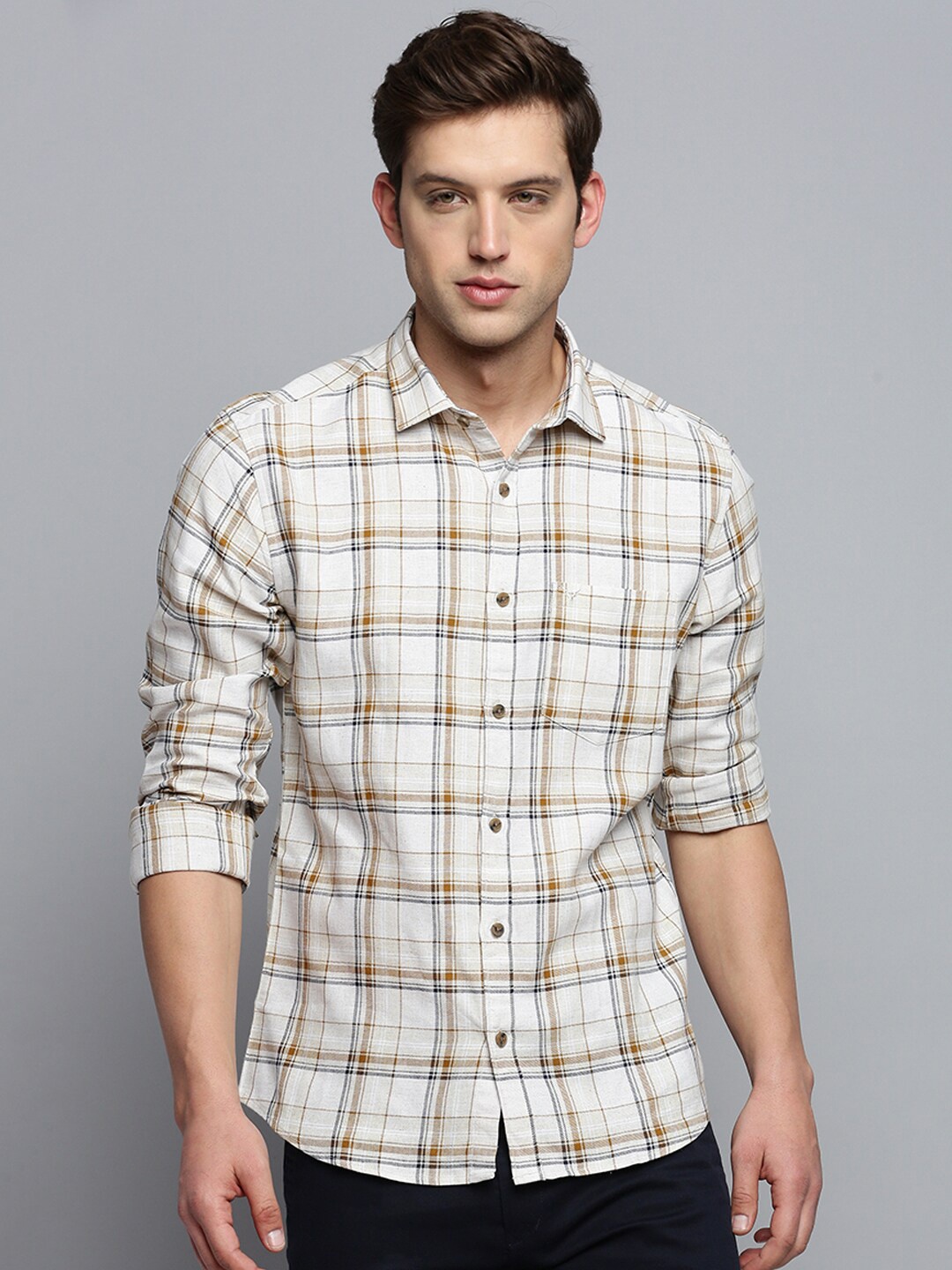 

SHOWOFF Classic Tartan Checked Casual Cotton Shirt, Beige