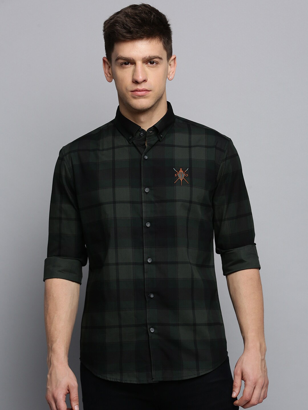 

SHOWOFF Long Sleeves Classic Slim Fit Twill Tartan Checked Casual Cotton Shirt, Green