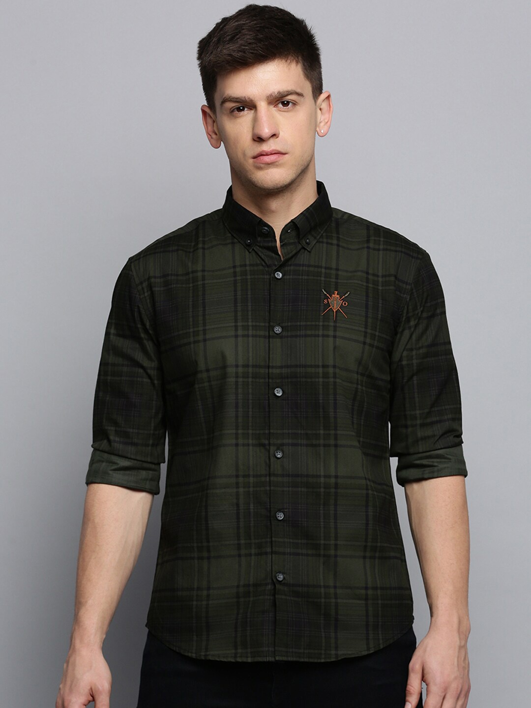 

SHOWOFF Classic Slim Fit Tartan Checks Checked Cotton Casual Shirt, Olive