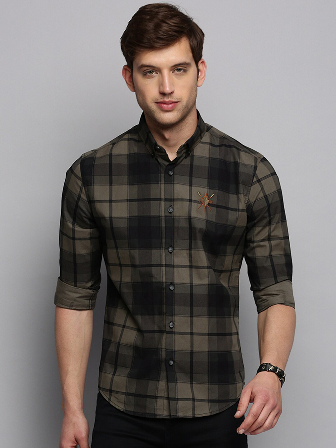 

SHOWOFF Classic Slim Fit Tartan Checks Checked Cotton Casual Shirt, Olive
