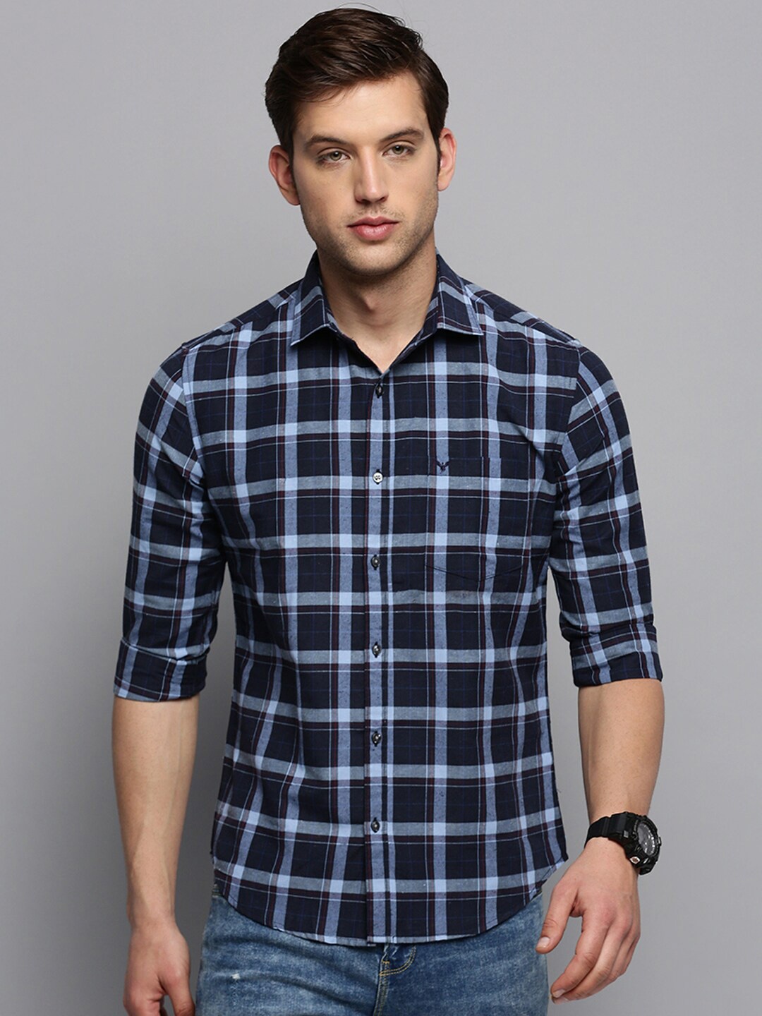 

SHOWOFF Classic Tartan Checked Casual Cotton Shirt, Navy blue