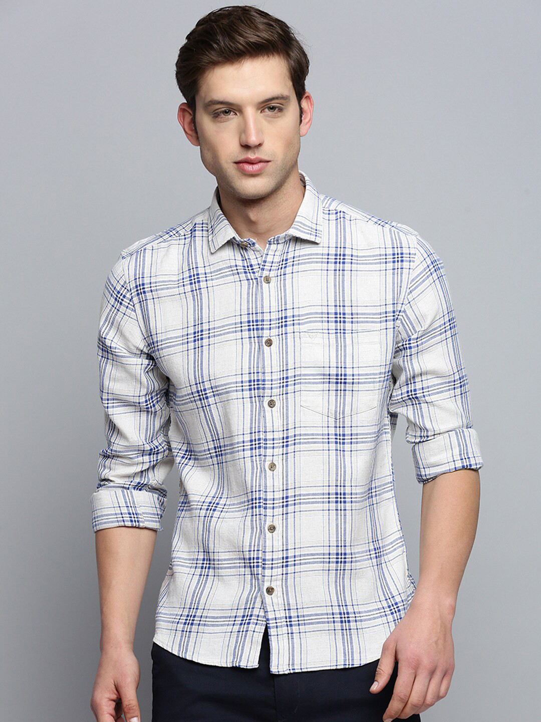 

SHOWOFF Long Sleeves Classic Tartan Checked Casual Cotton Shirt, Beige