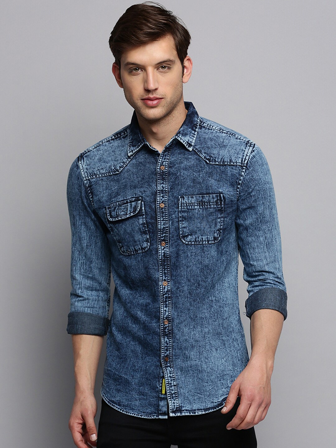 

SHOWOFF Classic Faded Casual Twill Denim Shirt, Navy blue