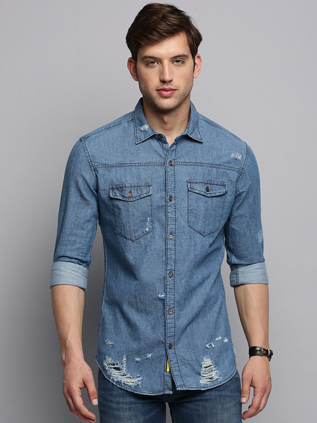 

SHOWOFF Flap Pockets Twill Denim Classic Casual Shirt, Blue