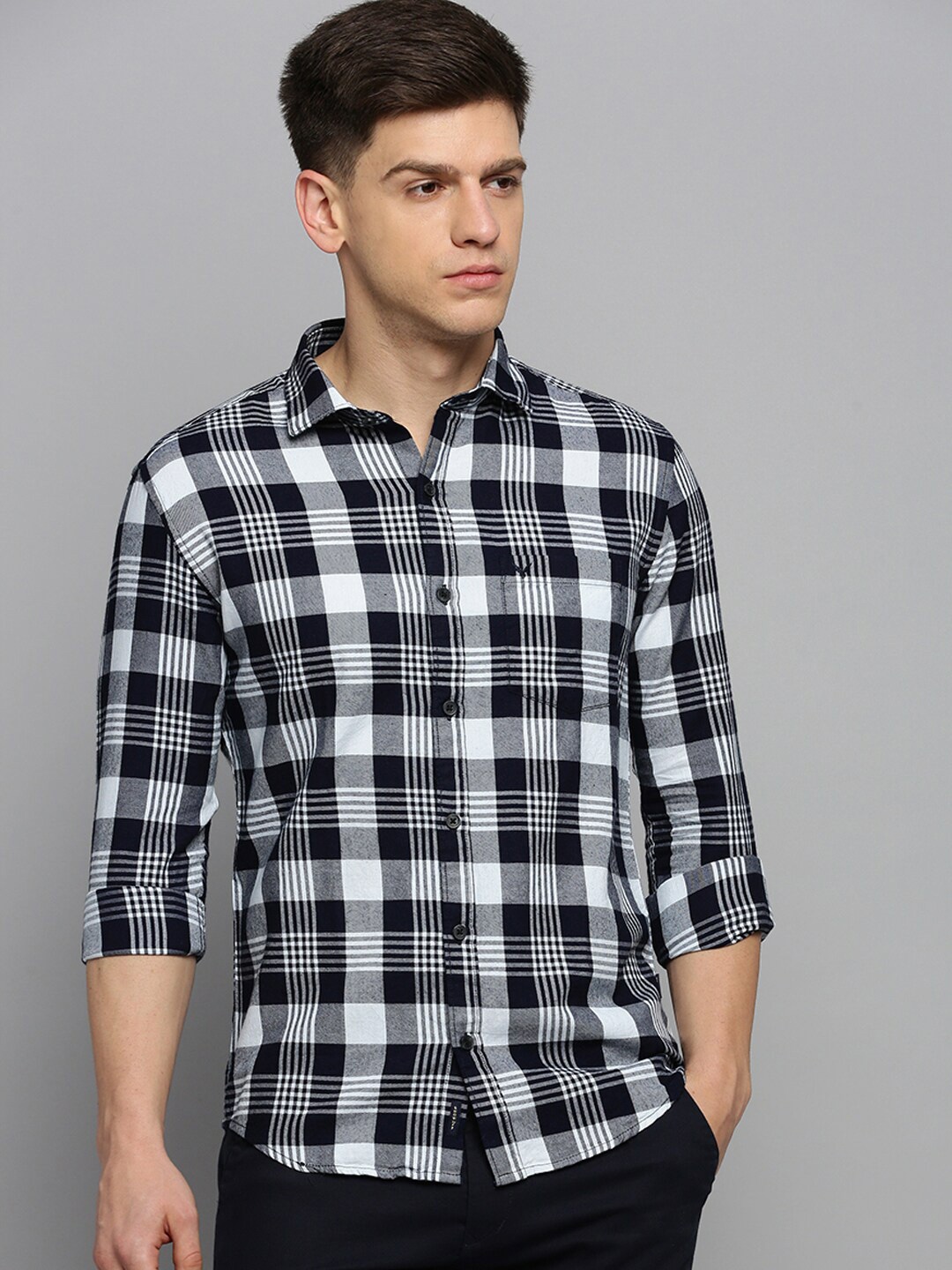 

SHOWOFF Classic Tartan Checked Cotton Casual Shirt, Navy blue