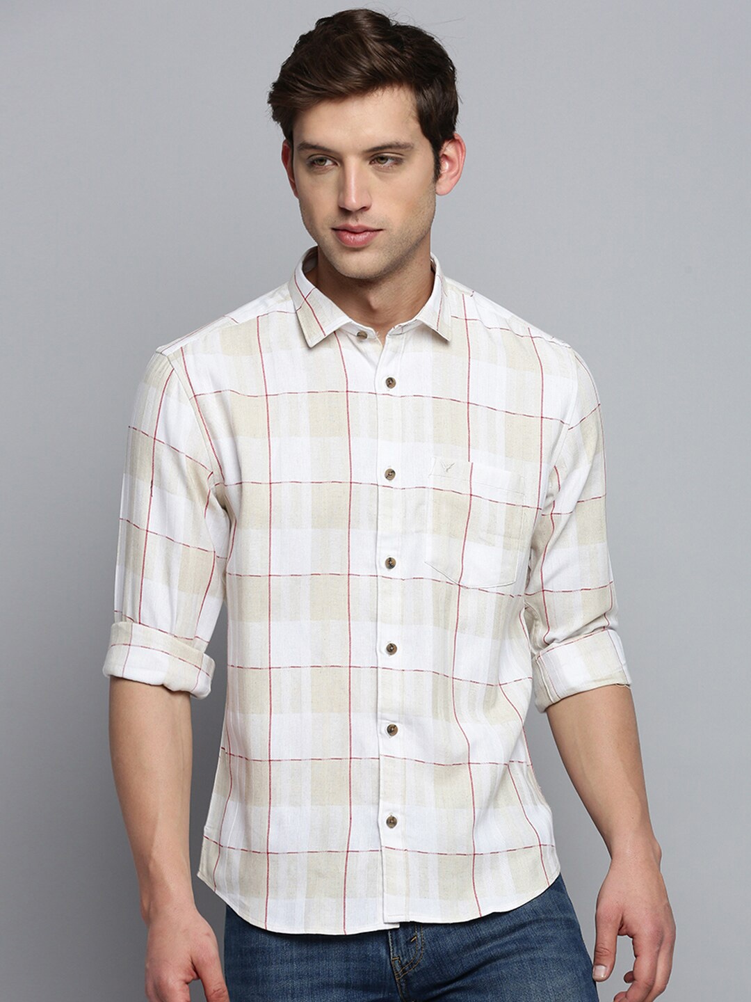 

SHOWOFF Classic Windowpane Checked Casual Cotton Shirt, Off white