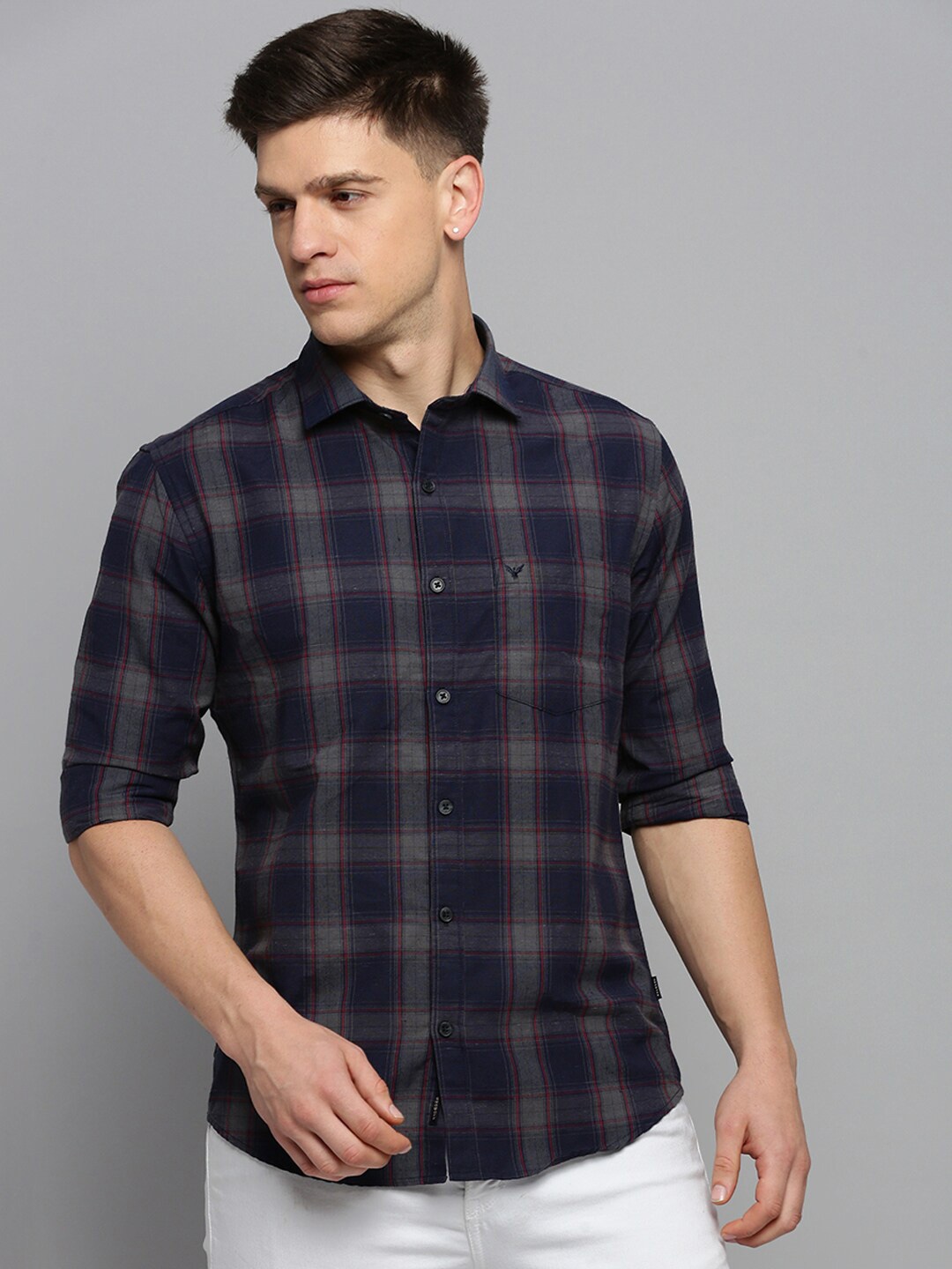 

SHOWOFF Classic Tartan Checks Checked Cotton Casual Shirt, Navy blue