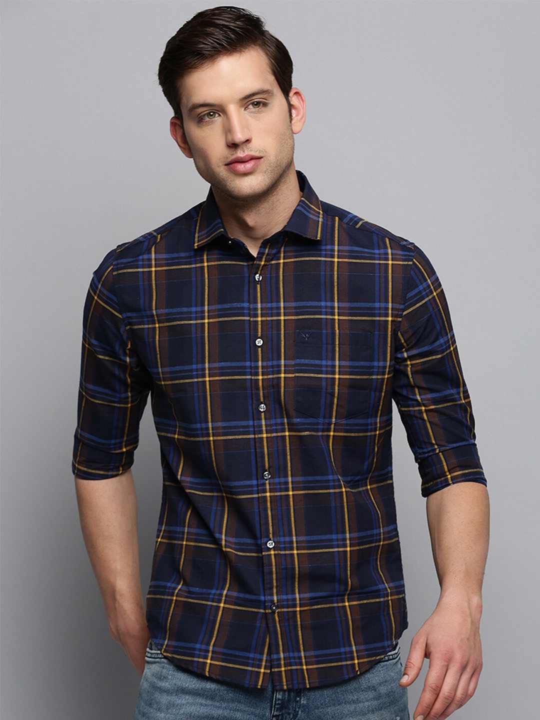 

SHOWOFF Long Sleeves Classic Tartan Checked Casual Cotton Shirt, Navy blue