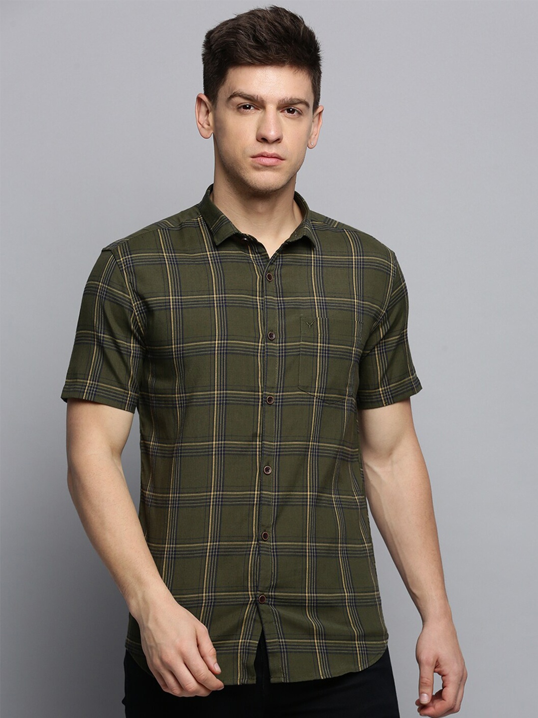 

SHOWOFF Windowpane Checks Cotton Casual Shirt, Olive