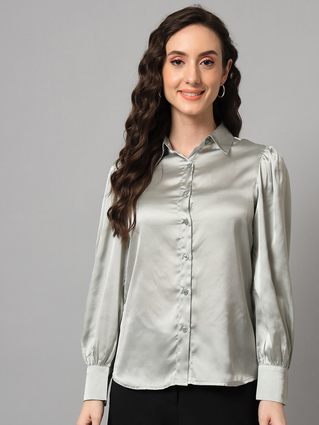 

PURYS Spread Collar Satin Shirts, Grey