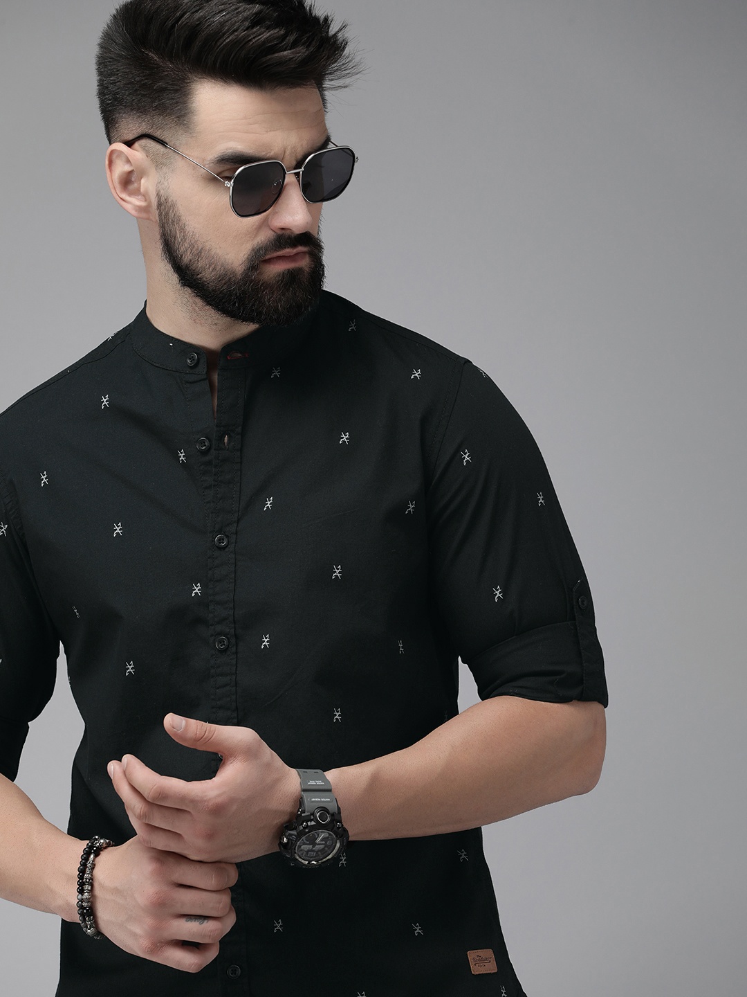 

The Roadster Life Co. Geometric Printed Pure Cotton Band Collar Casual Shirt, Black