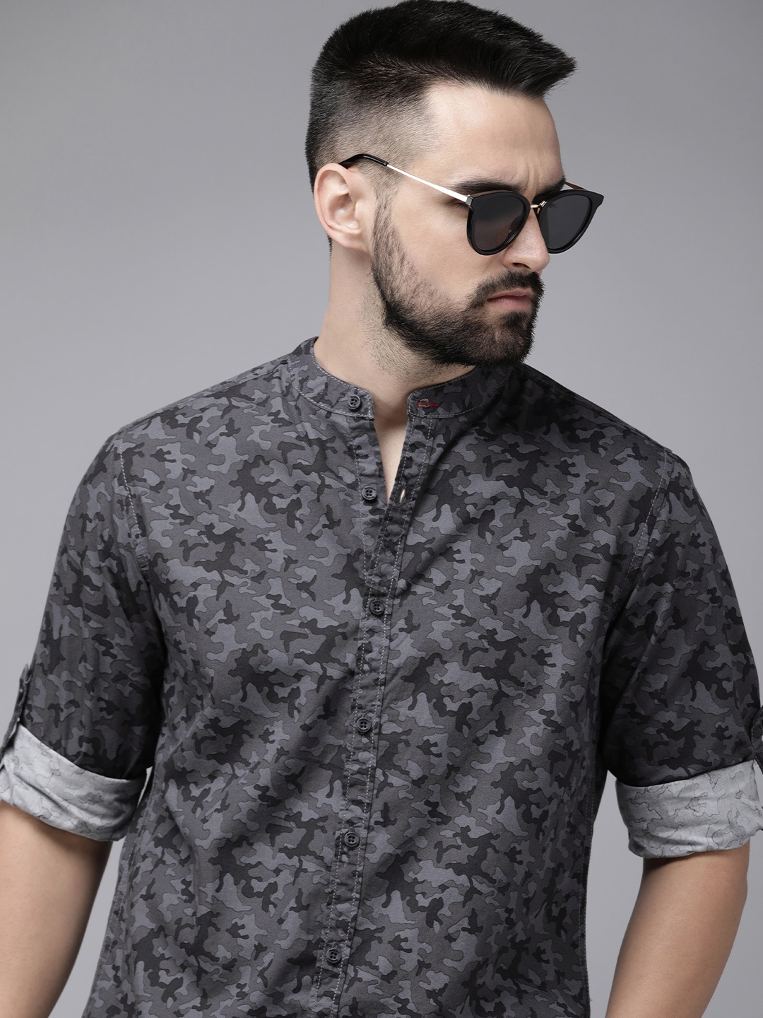 

The Roadster Life Co. Pure Cotton Camouflage Printed Band Collar Casual Shirt, Grey