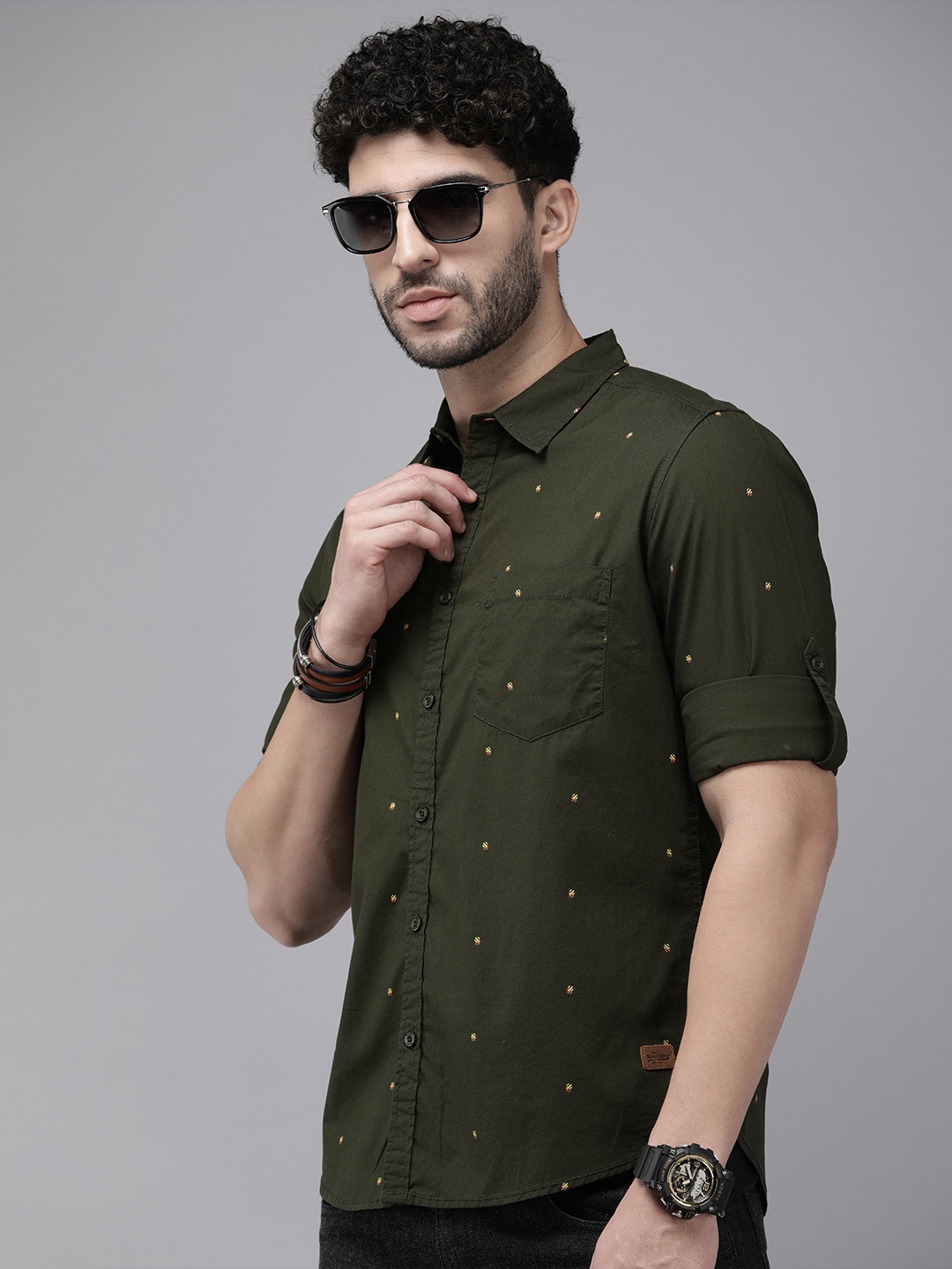 

The Roadster Life Co. Geometric Printed Pure Cotton Casual Shirt, Olive