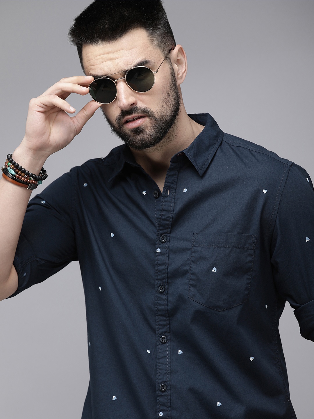 

The Roadster Life Co. Geometric Printed Pure Cotton Casual Shirt, Navy blue