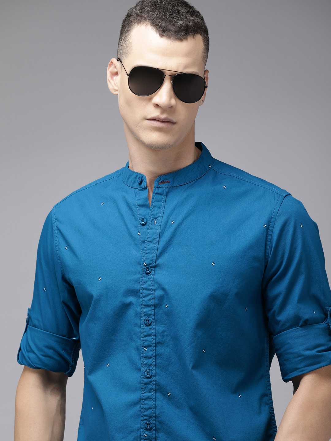 

The Roadster Life Co. Pure Cotton Geometric Printed Band Collar Casual Shirt, Blue