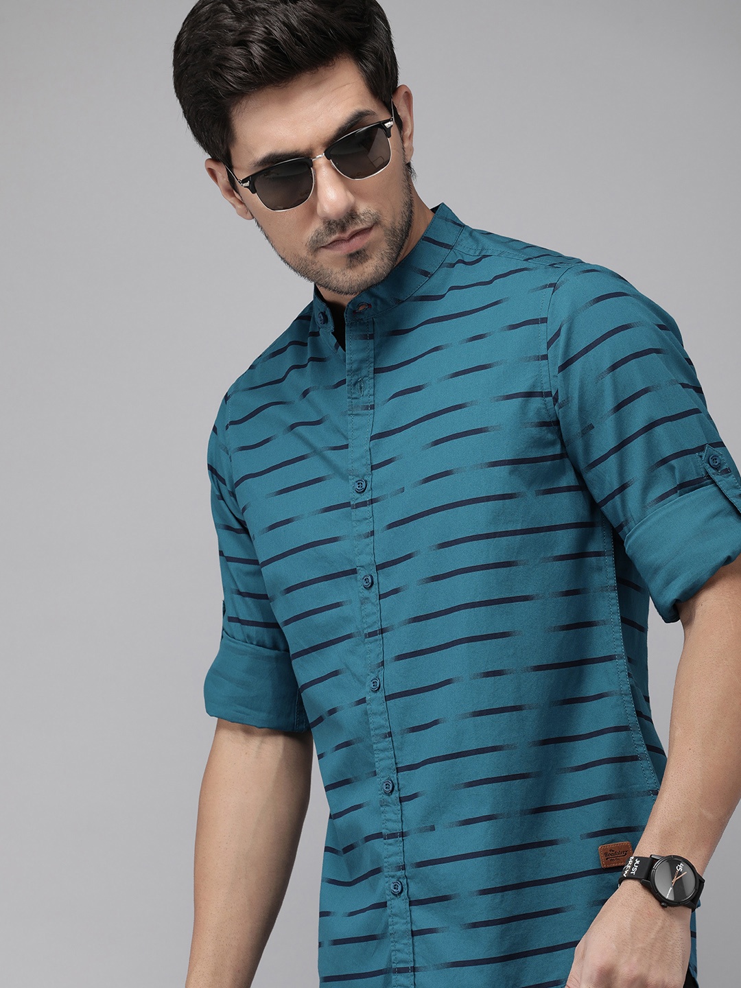 

The Roadster Life Co. Horizontal Striped Pure Cotton Casual Shirt, Blue