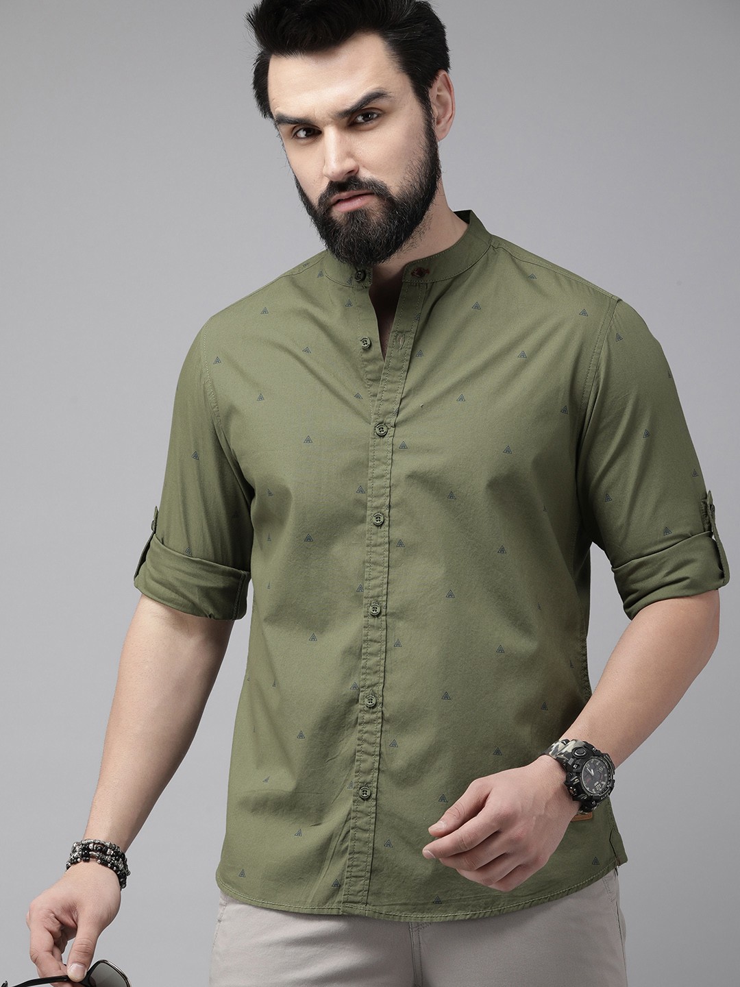 

The Roadster Life Co. Pure Cotton Printed Band Collar Casual Shirt, Olive