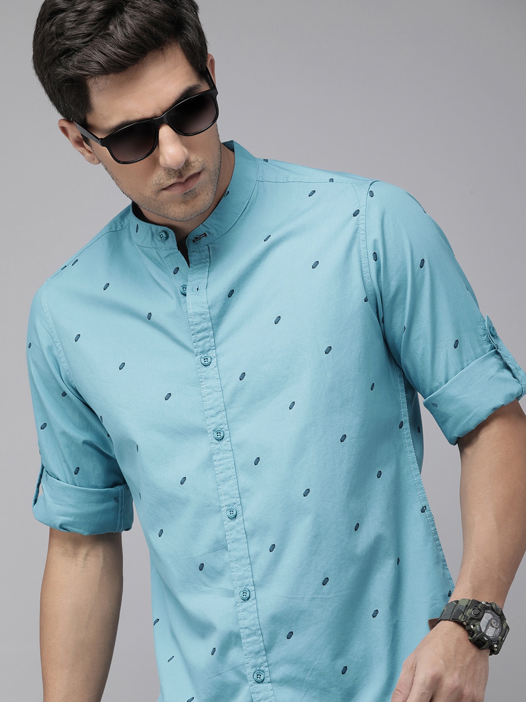 

The Roadster Life Co. Pure Cotton Printed Band Collar Casual Shirt, Blue