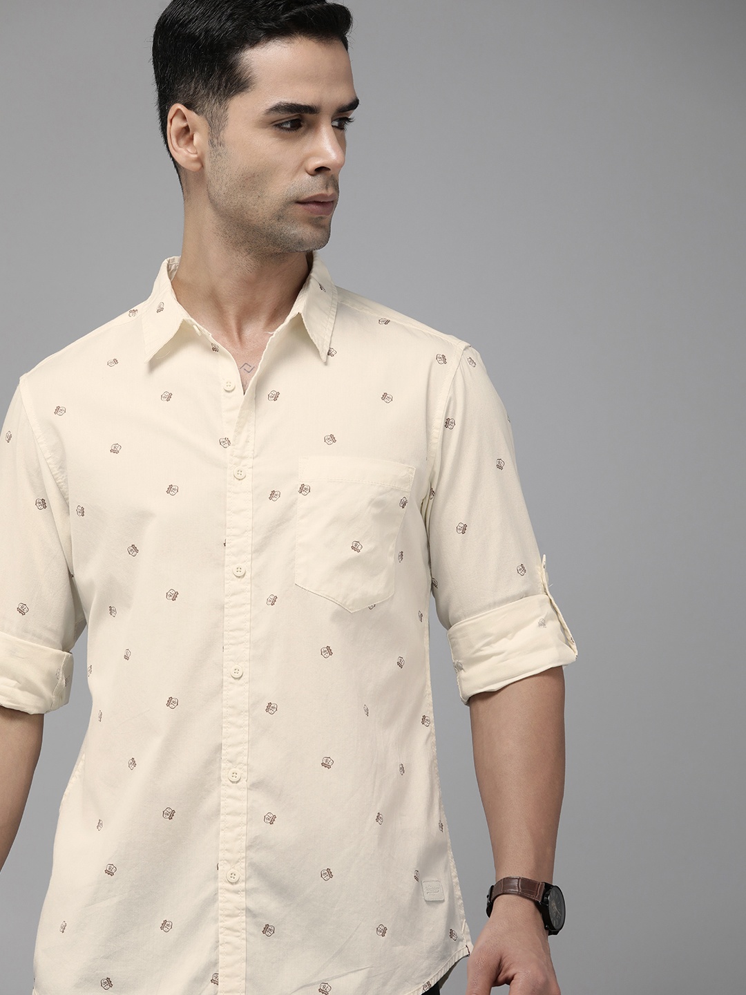 

The Roadster Life Co. Graphic Printed Pure Cotton Casual Shirt, Cream