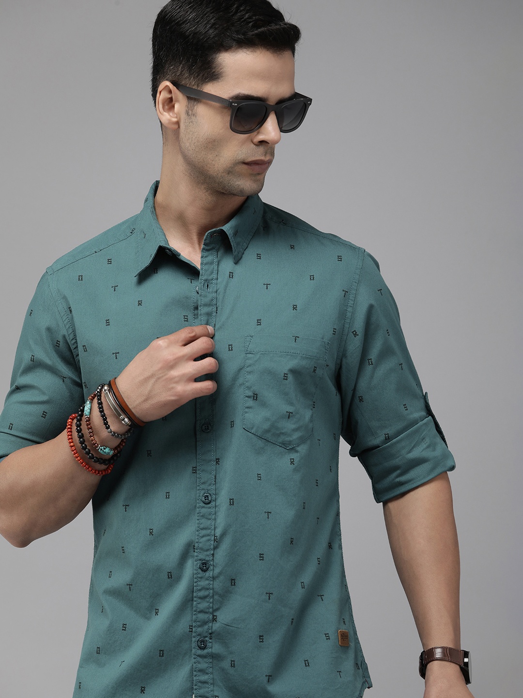 

The Roadster Life Co. Typography Printed Pure Cotton Casual Shirt, Teal