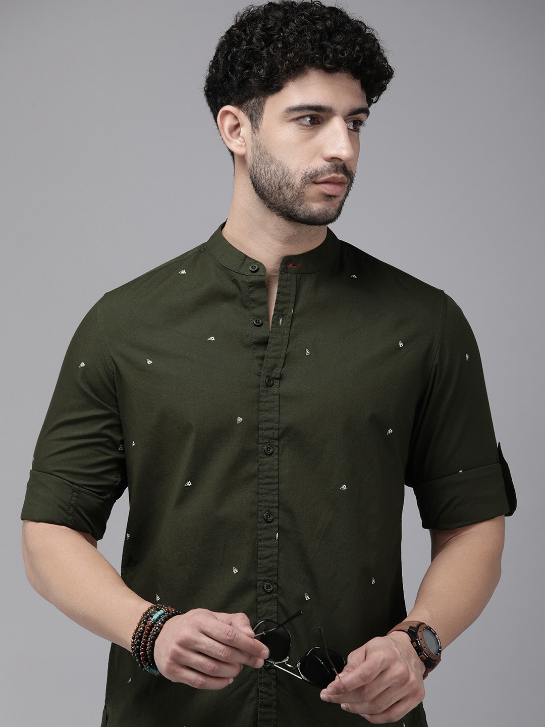 

The Roadster Life Co. Geometric Printed Pure Cotton Casual Shirt, Olive