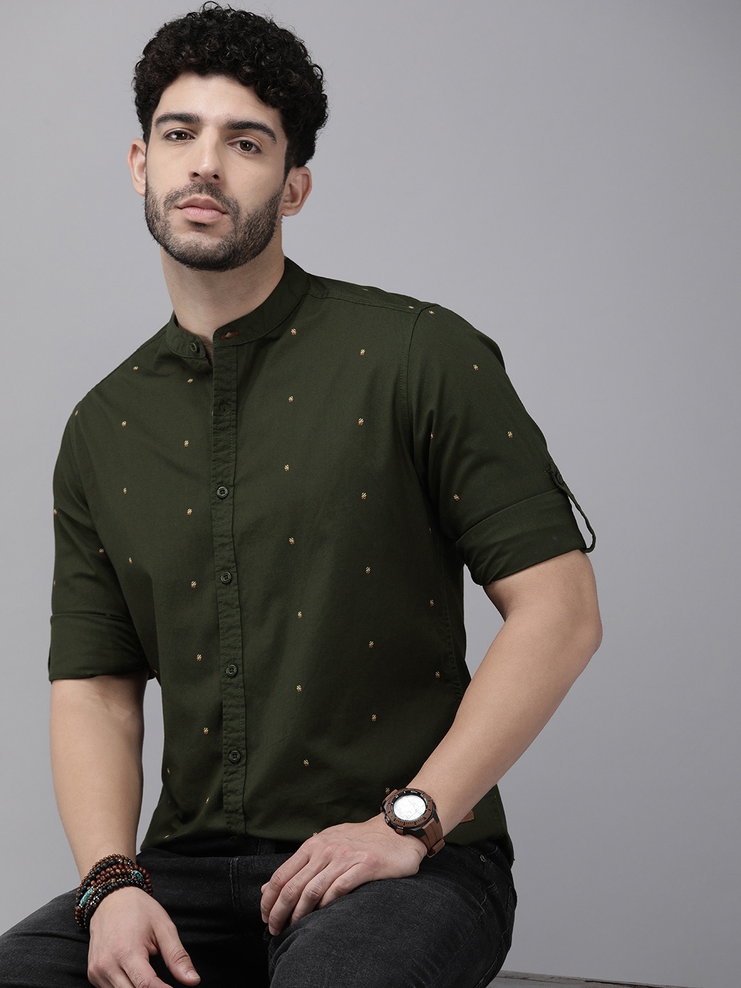 

The Roadster Life Co. Geometric Printed Pure Cotton Casual Shirt, Olive