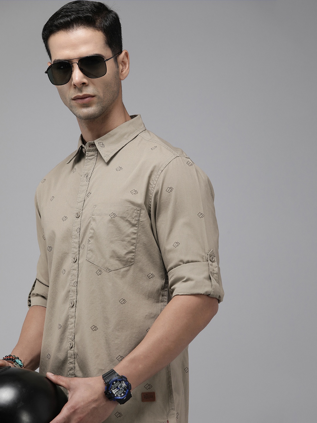 

The Roadster Life Co. Geometric Printed Pure Cotton Casual Shirt, Olive