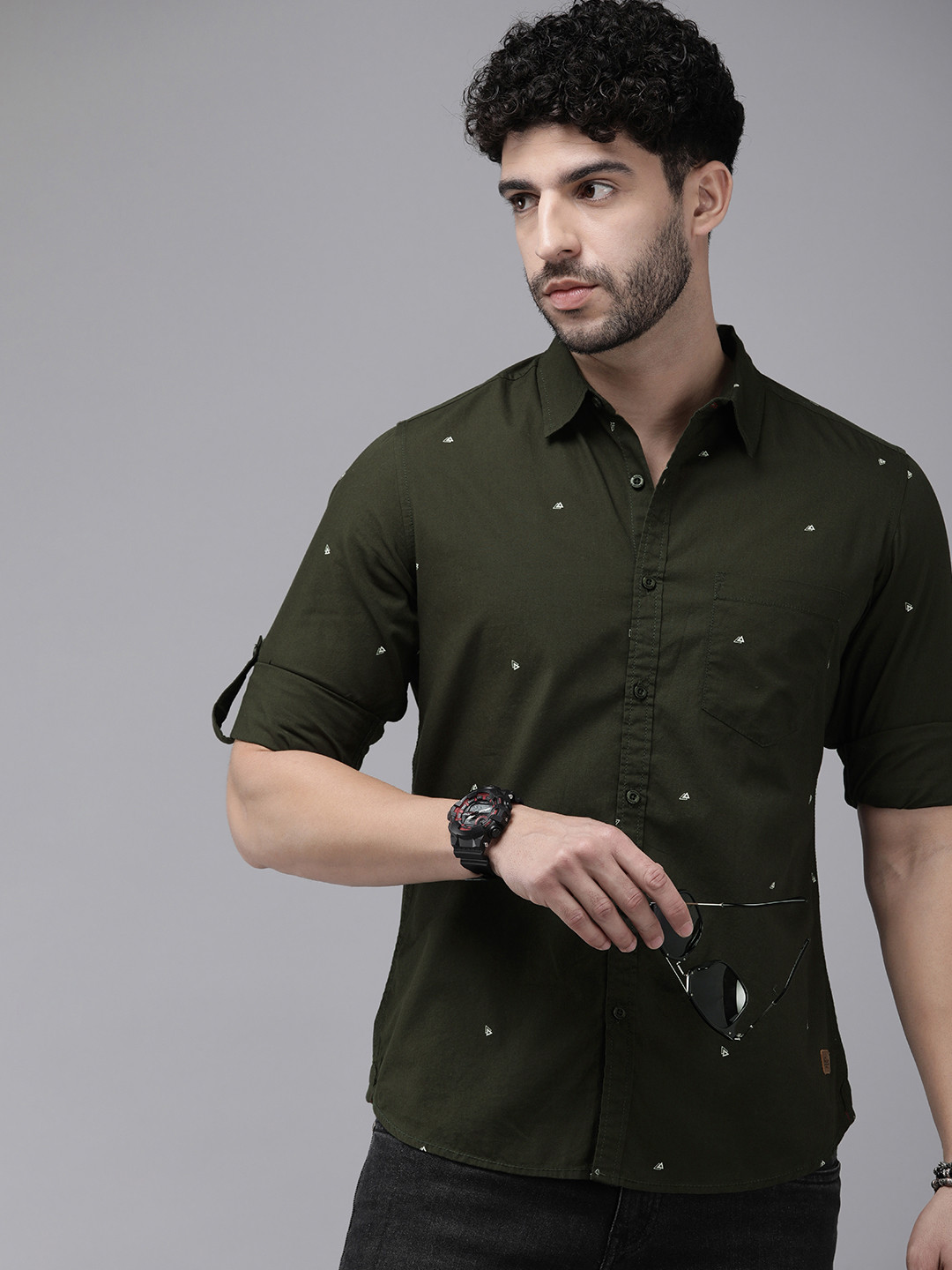 

The Roadster Life Co. Geometric Printed Pure Cotton Casual Shirt, Olive