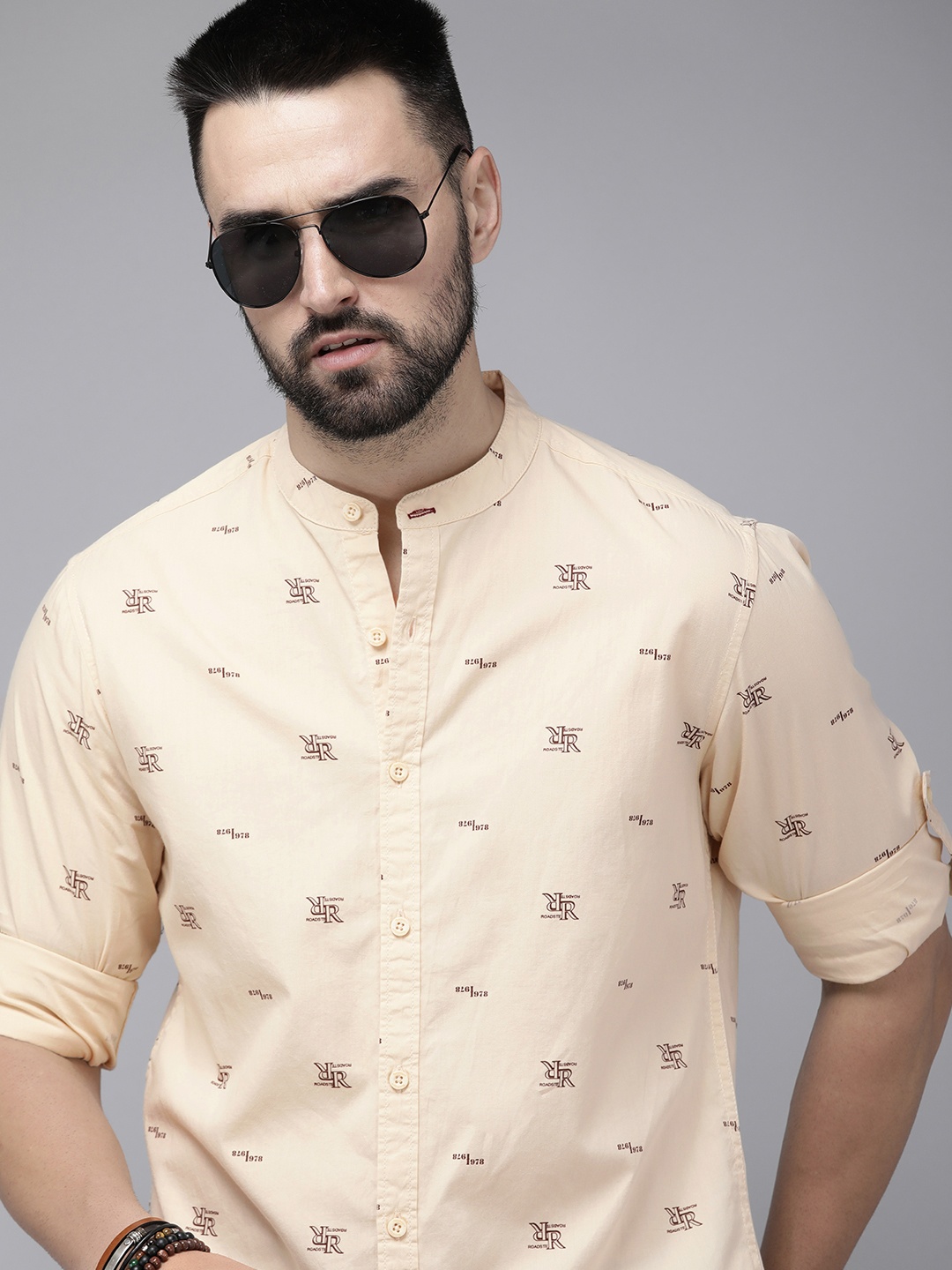 

The Roadster Life Co. Pure Cotton Brand Logo Printed Band Collar Casual Shirt, Cream