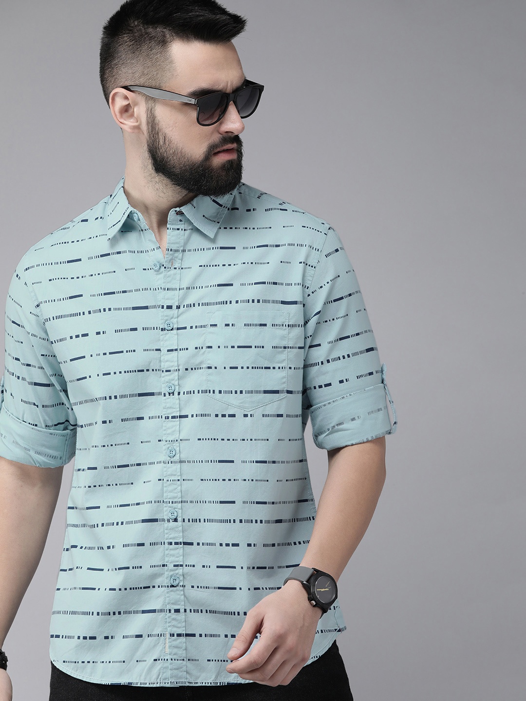 

The Roadster Life Co. Pure Cotton Striped Casual Shirt, Blue