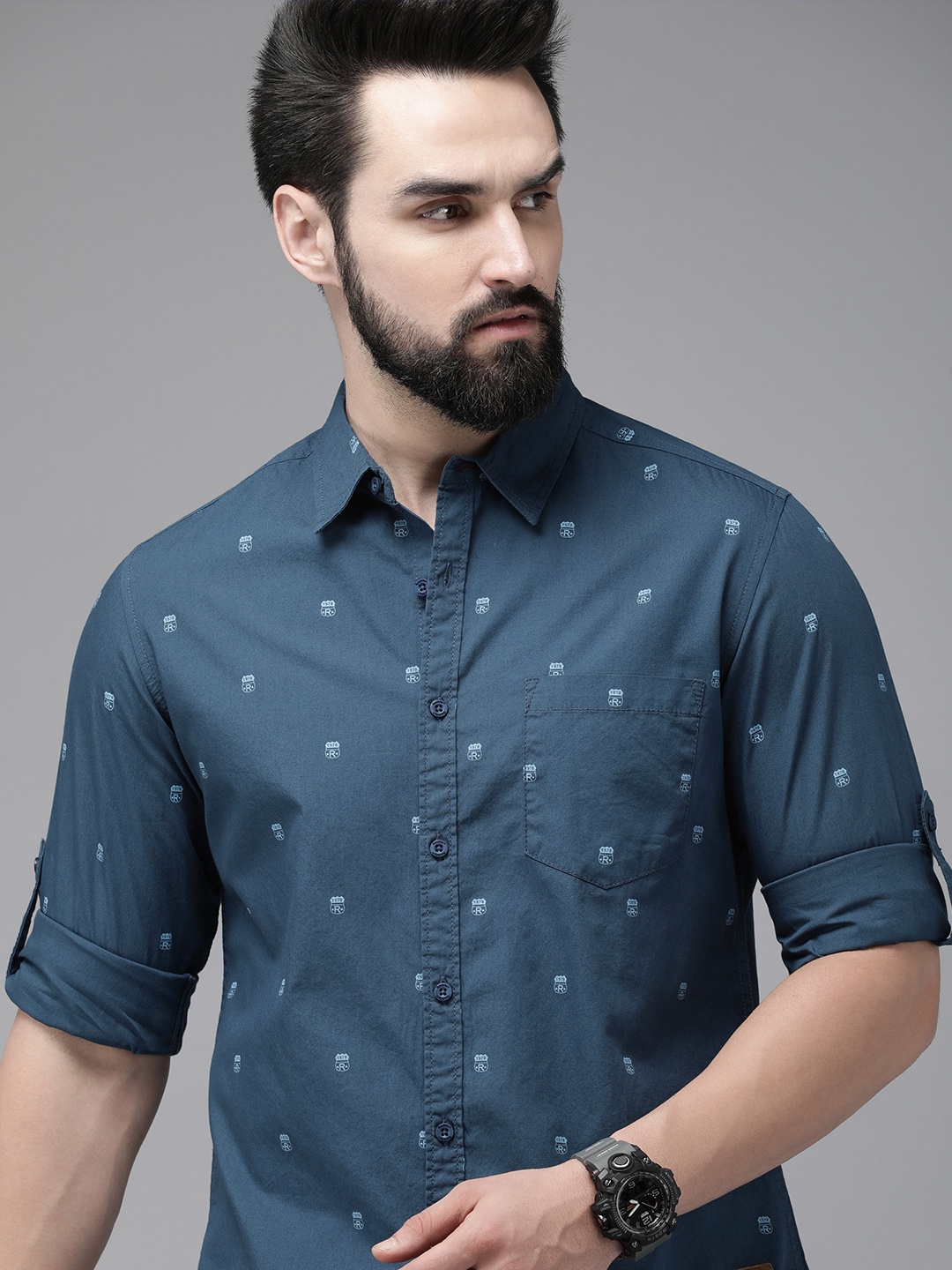 

The Roadster Lifestyle Co. Men Pure Cotton Brand Logo Printed Casual Shirt, Blue
