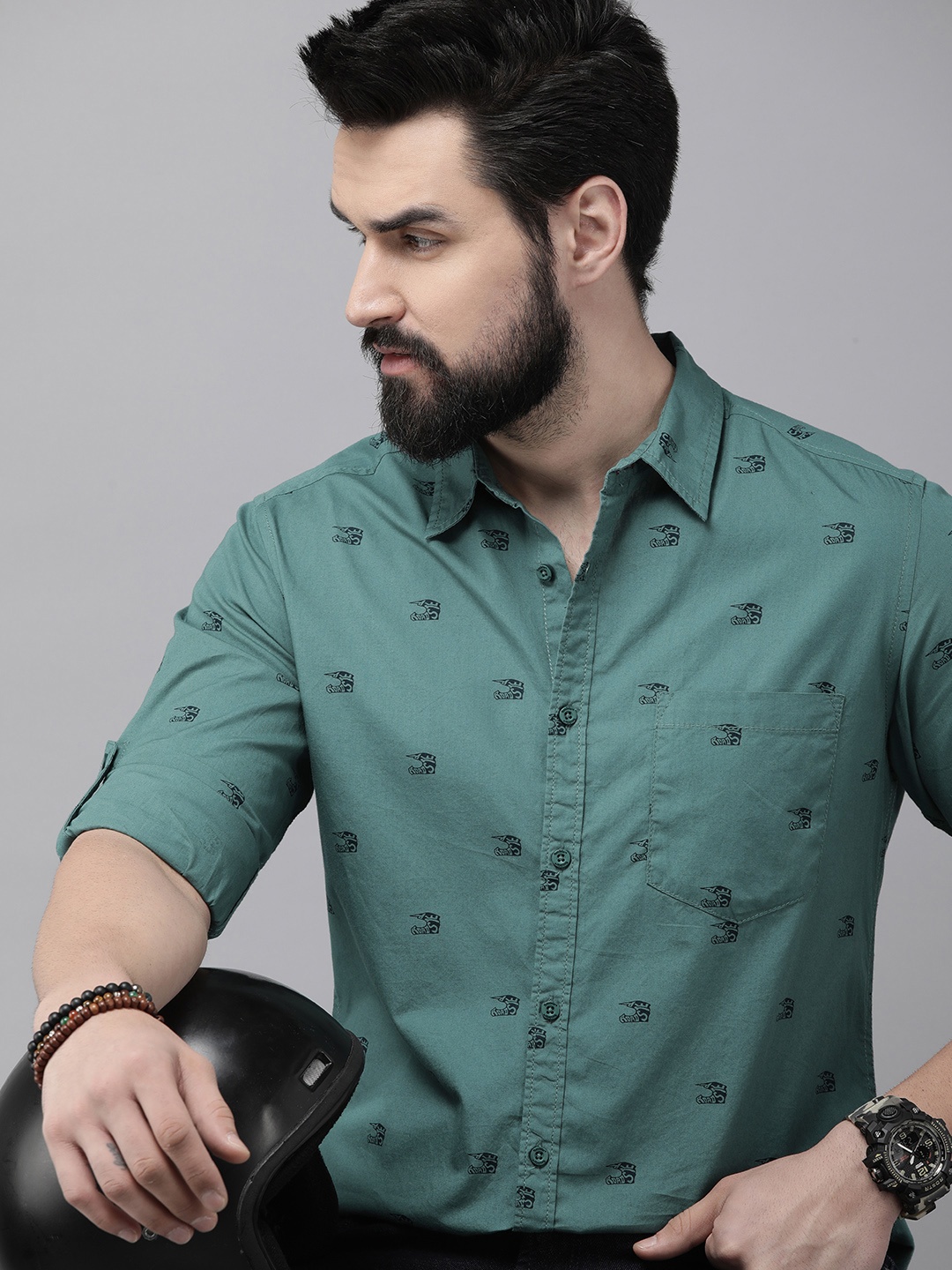 

The Roadster Lifestyle Co. Men Pure Cotton Opaque Printed Casual Shirt, Teal