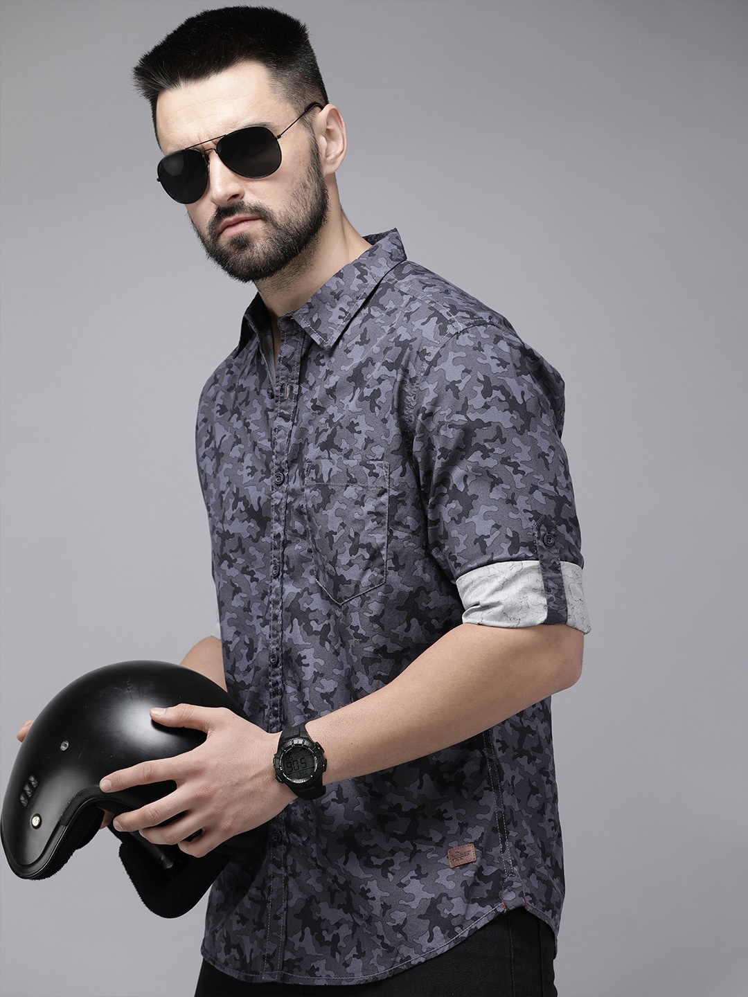 

The Roadster Life Co. Camouflage Printed Pure Cotton Casual Shirt, Grey