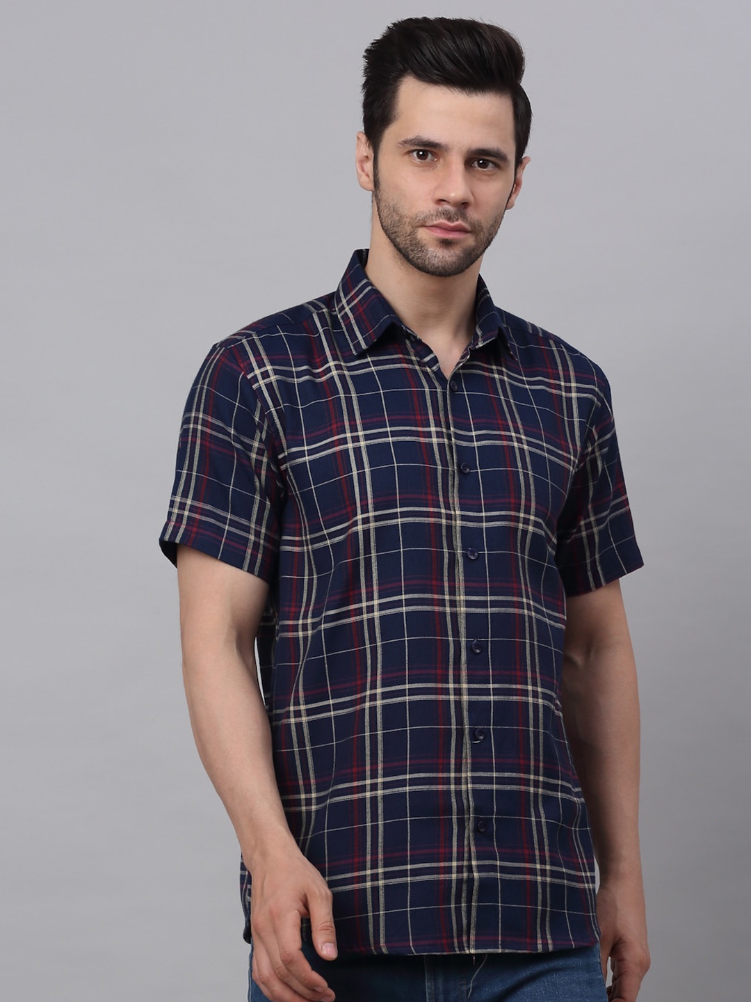 

JAINISH Classic Tartan Checked Pure Cotton Casual Shirt, Navy blue