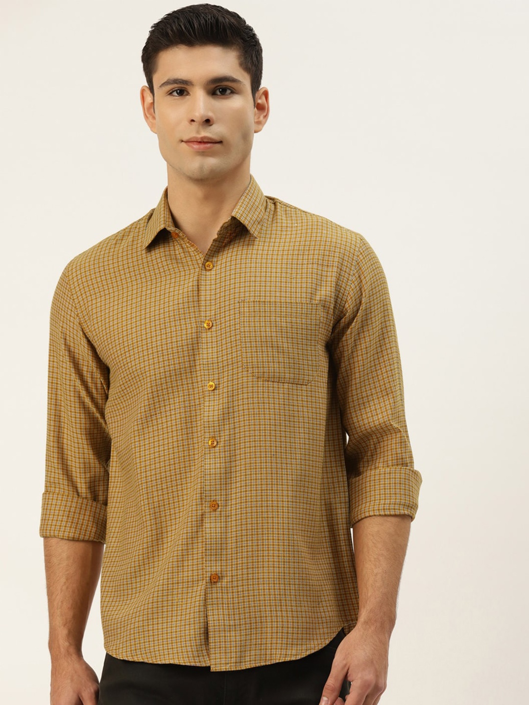 

JAINISH Classic Grid Tattersall Checked Pure Cotton Casual Shirt, Mustard