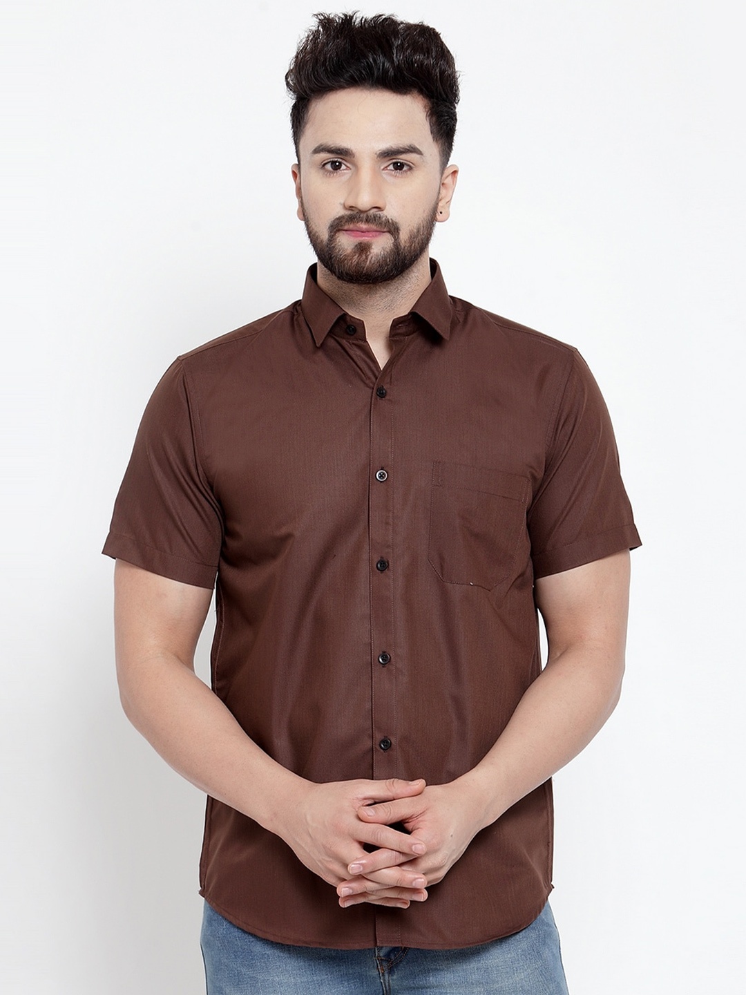 

JAINISH Spread Collar Classic Casual Shirt, Coffee brown