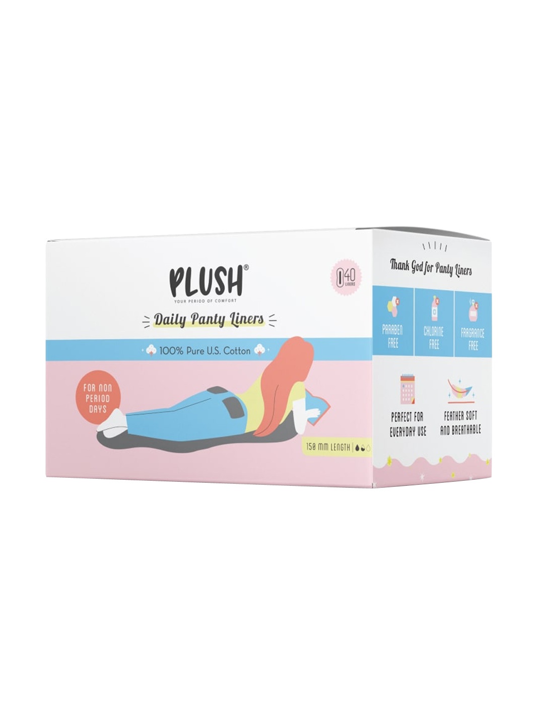 

Plush 20Pcs Rash Free Pure Cotton Panty Liners 150mm, White