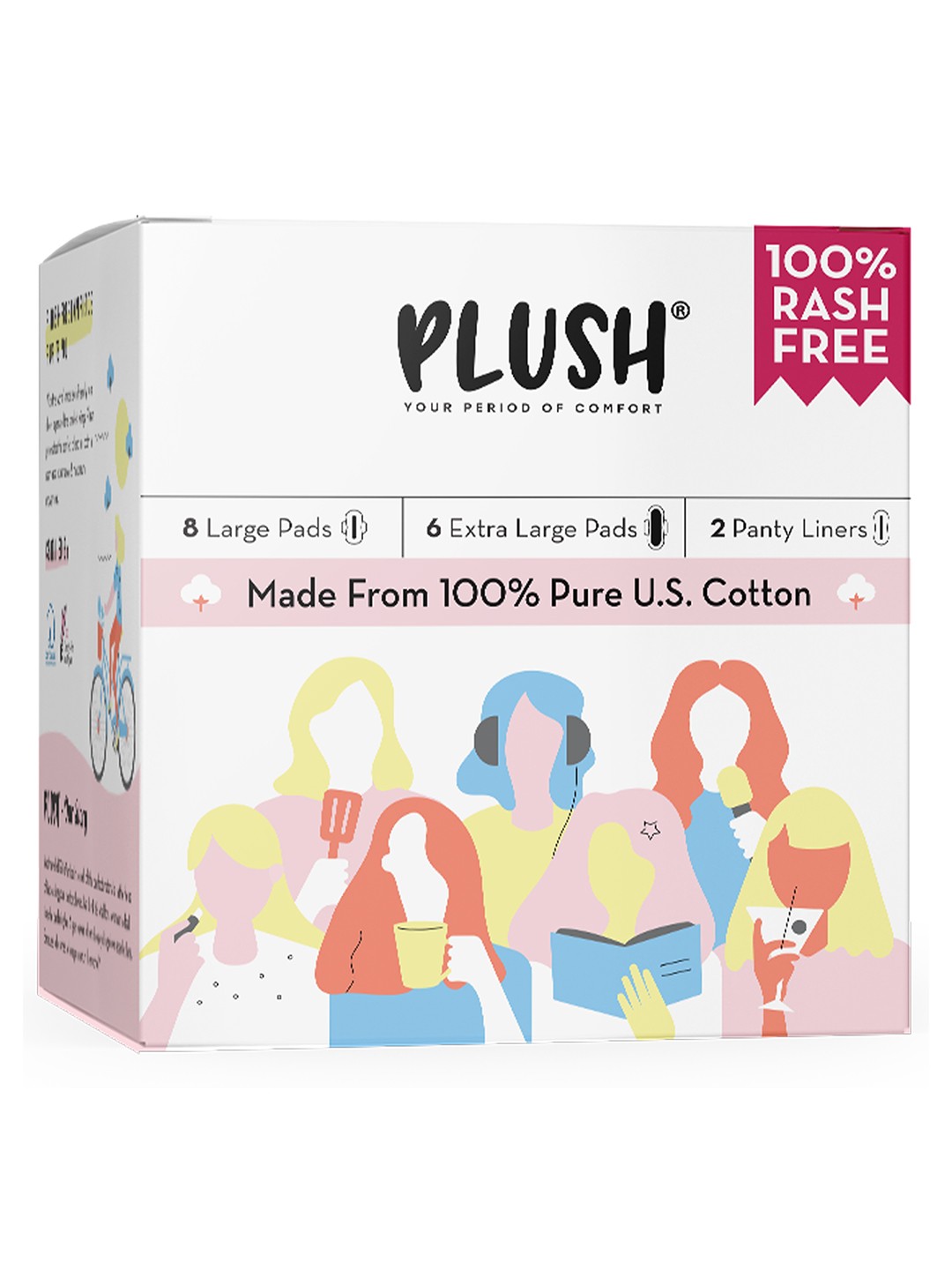 

Plush Set of 14 Pure US Cotton Rash Free Sanitary Napkins & 2 Panty Liners - 8L + 6XL, White