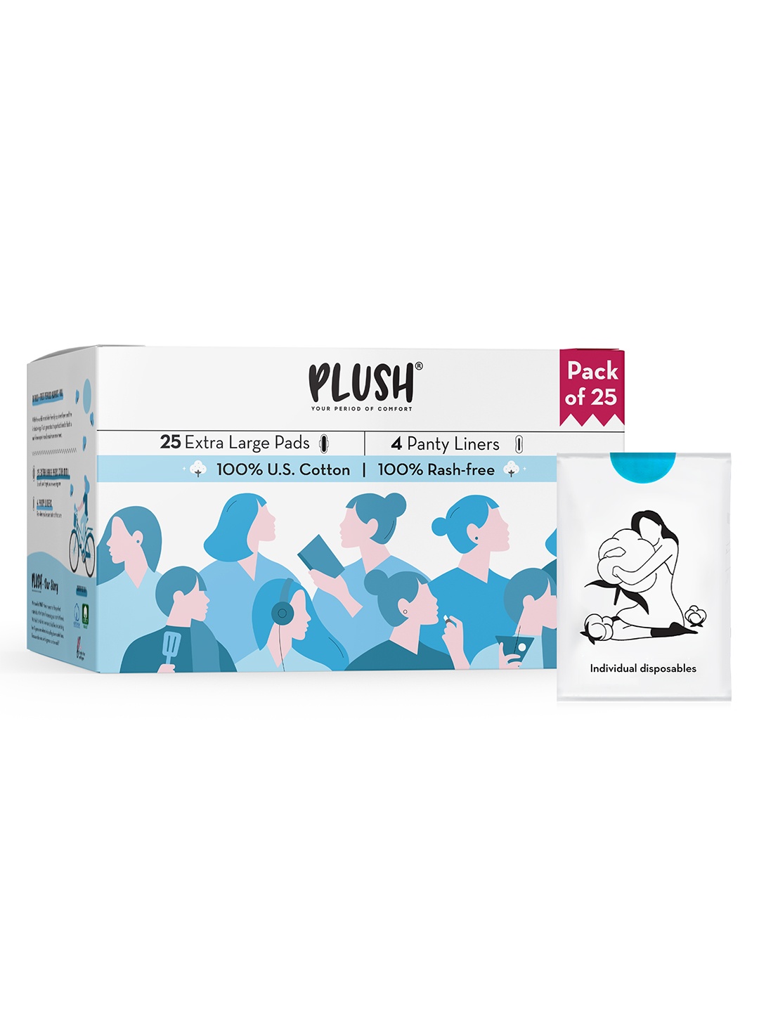 

Plush Set of 25 Rash-Free Sanitary Pads with Disposable Pouches & 4 Panty Liners - XL, White