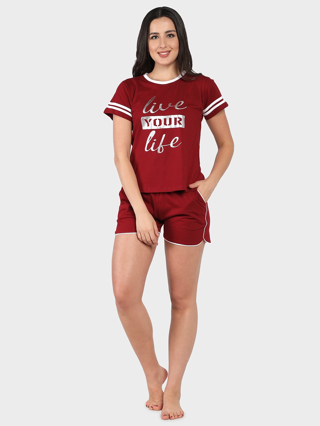 

SEPHANI Typography Printed Pure Cotton Night Suit, Maroon