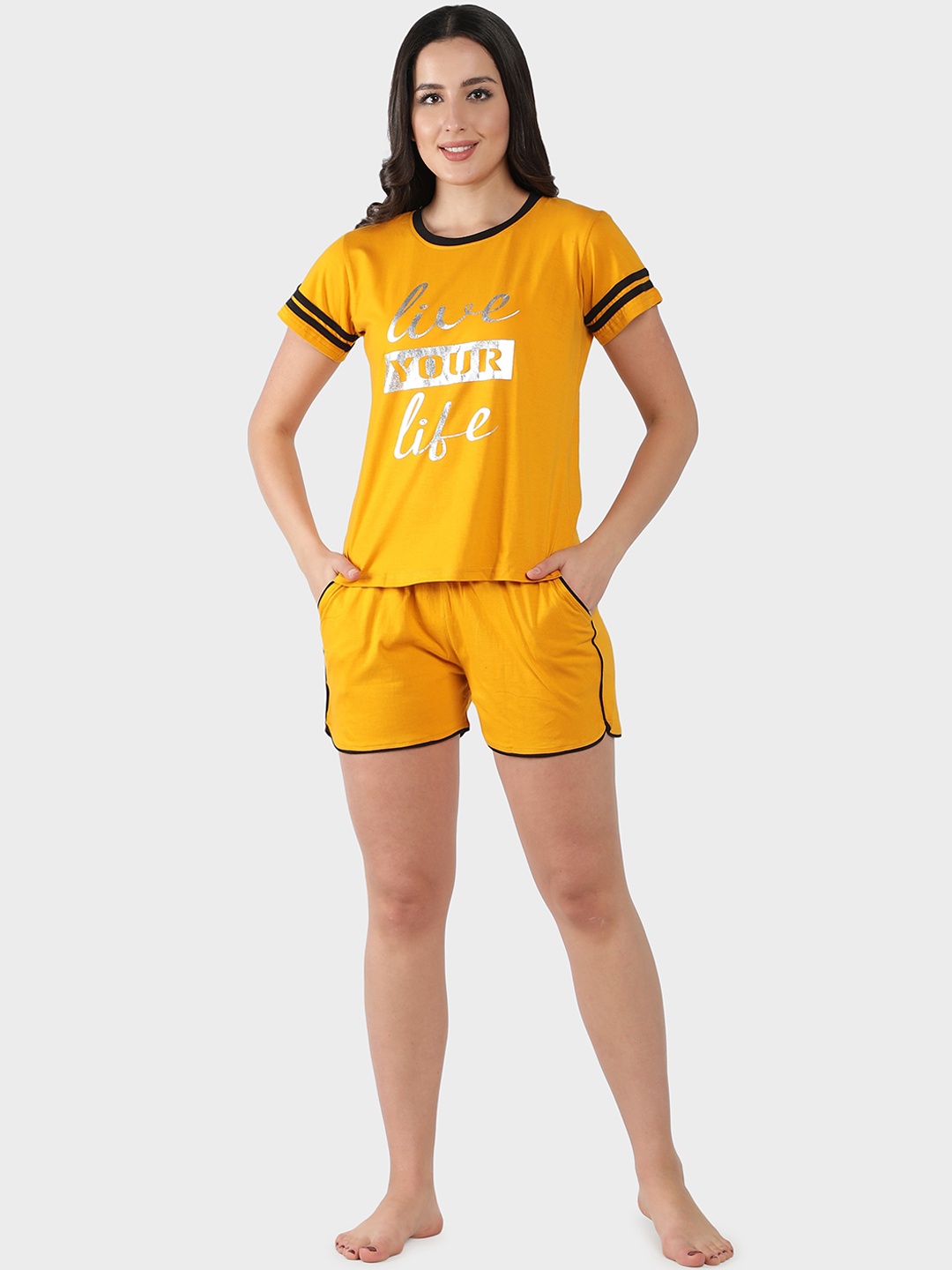 

SEPHANI Typography Printed Pure Cotton Night Suit, Yellow