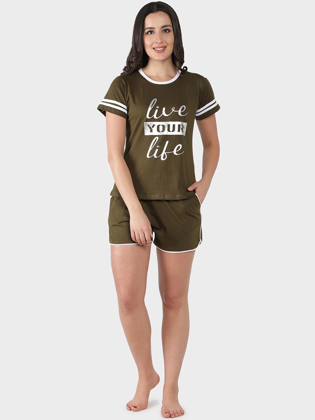 

SEPHANI Typography Printed Pure Cotton Night Suit, Olive
