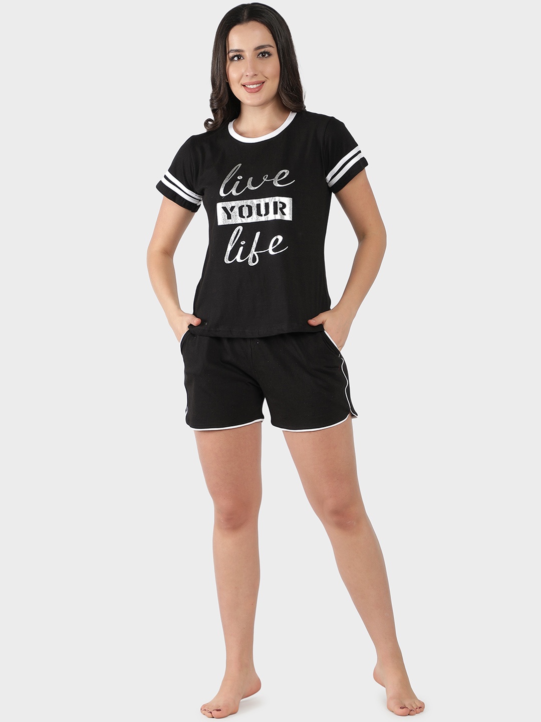 

SEPHANI Typography Printed Pure Cotton Night Suit, Black