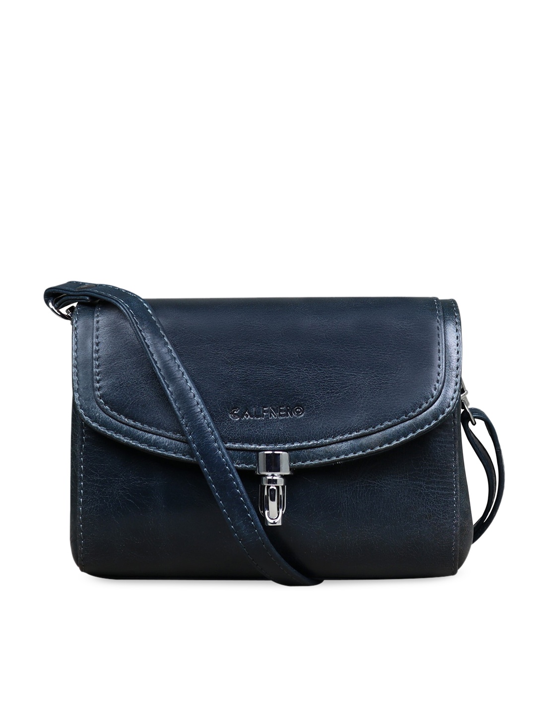 

CALFNERO Detachable Strap Leather Structured Sling Bag, Navy blue