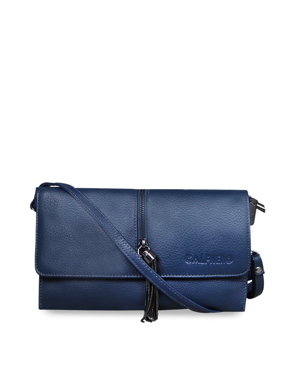 

CALFNERO Zip Detail Leather Structured Sling Bag, Navy blue