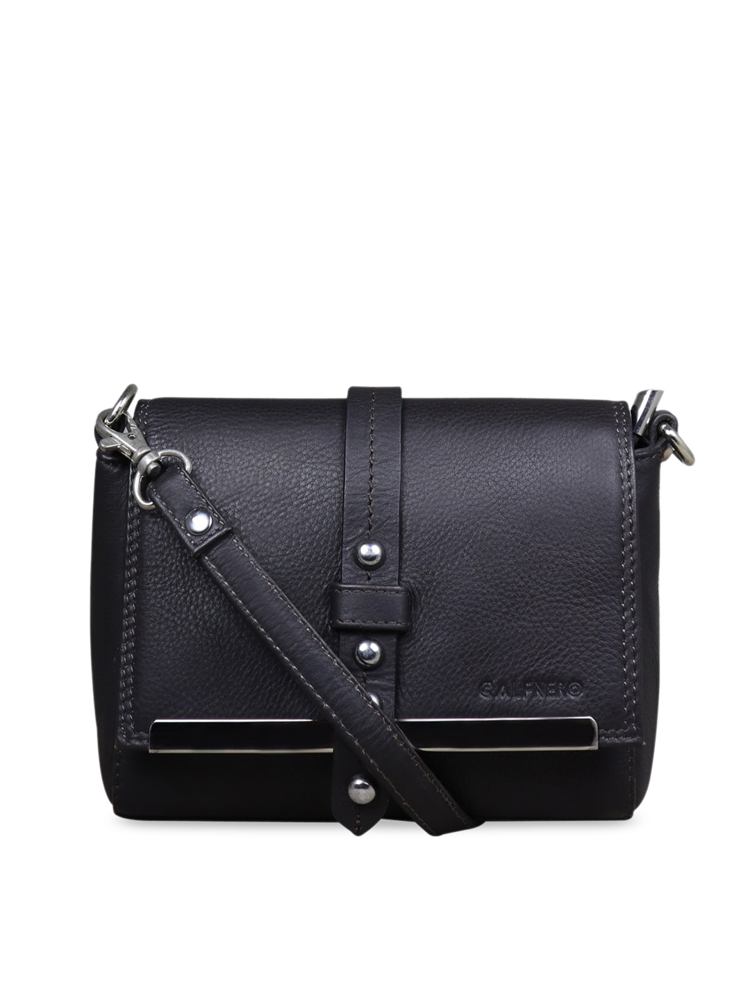 

CALFNERO Single Compartment Embellished Leather Structured Sling Bag, Black