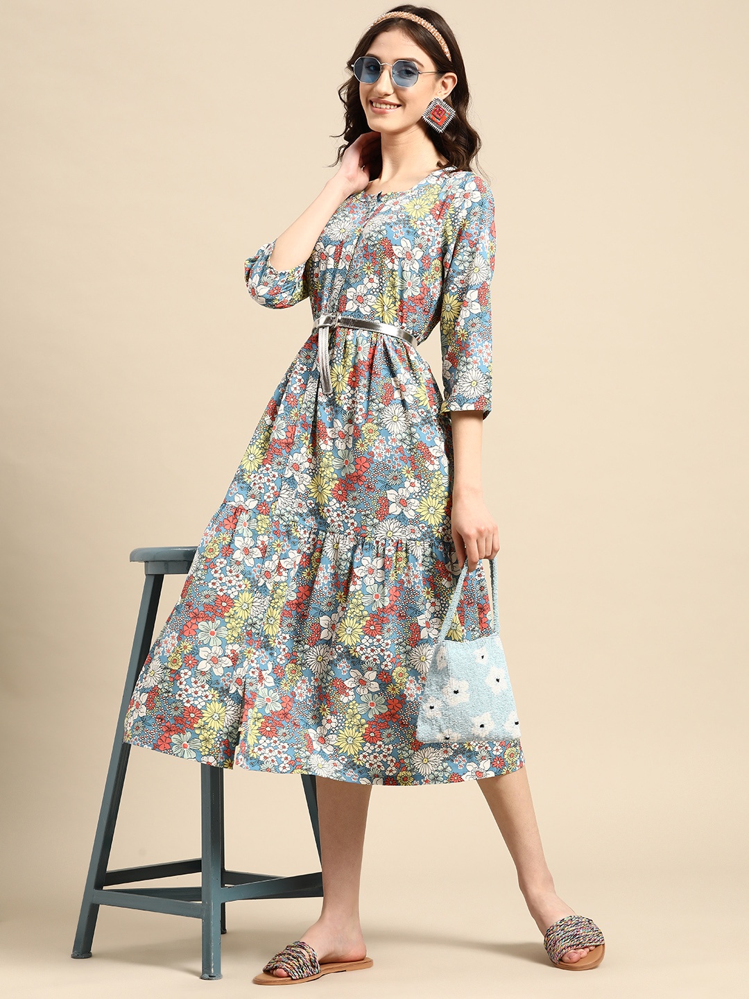 

Sangria Floral Printed Tiered A-Line Dress, Blue