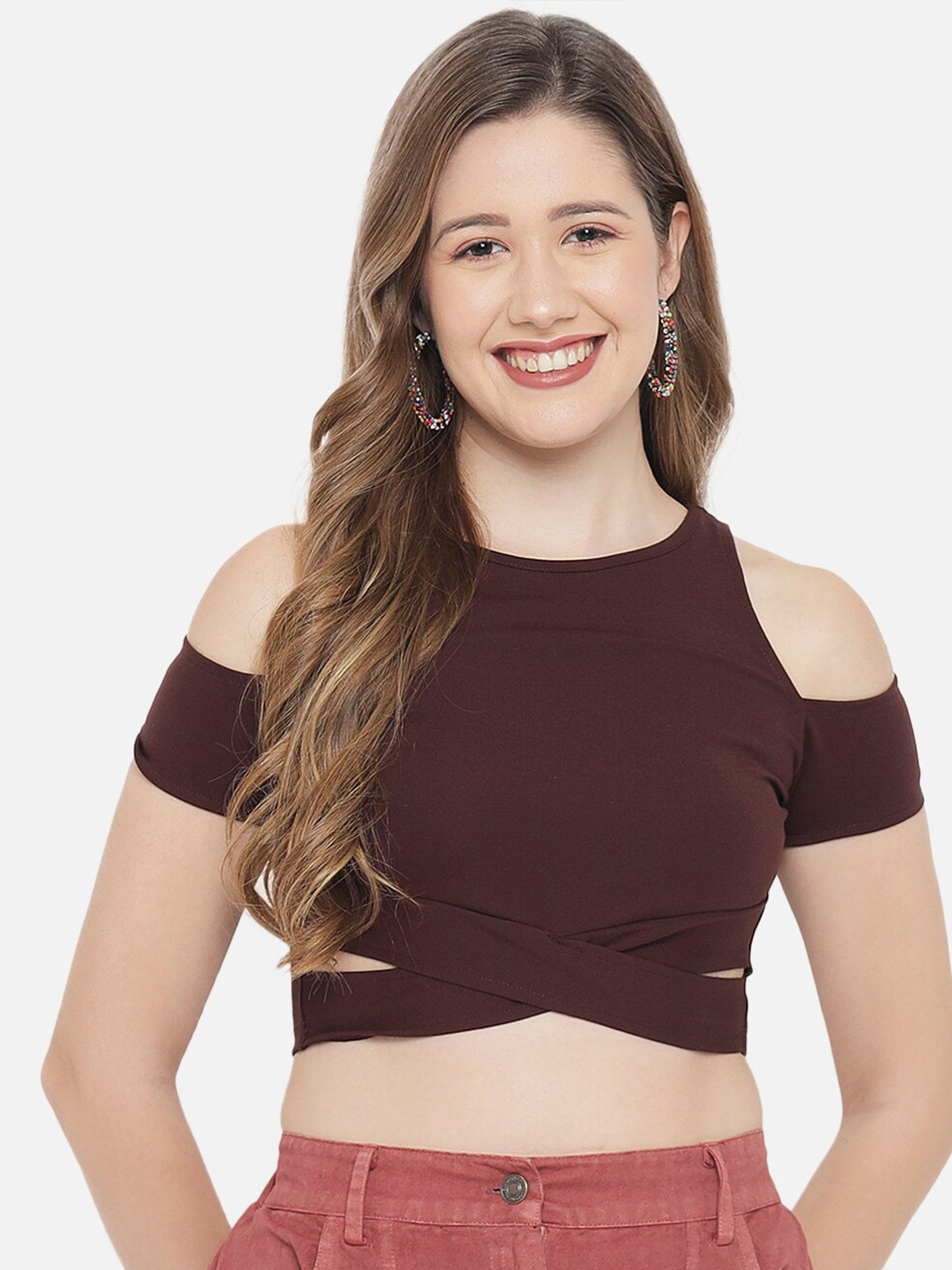 

LE BOURGEOIS Crossed Waist Cold Shoulder Short Sleeve Fitted Crop Top, Maroon