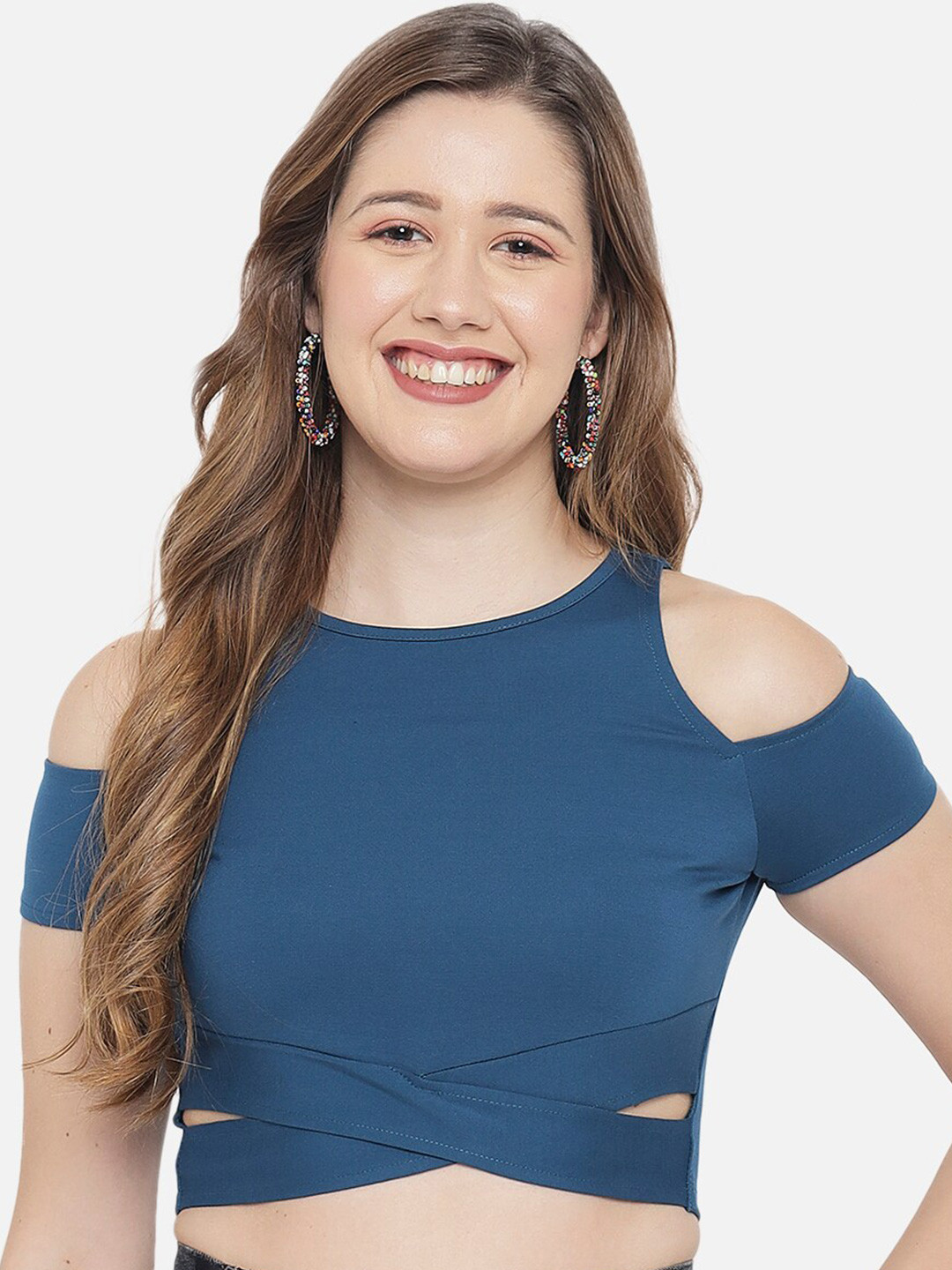 

LE BOURGEOIS Crossed Waist Cold Shoulder Short Sleeve Fitted Crop Top, Blue