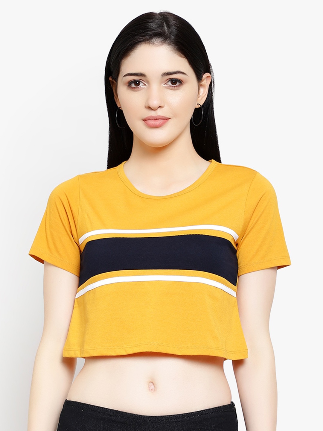 

LE BOURGEOIS Loose Fit Short Sleeve Striped Crop Top, Mustard